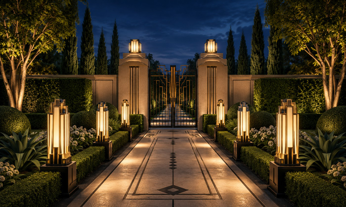 Symmetrical Art Deco garden lighting
