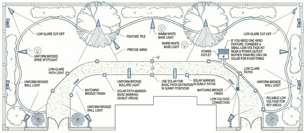 The “No-Cable Solution” (solar path markers + one hero zone)