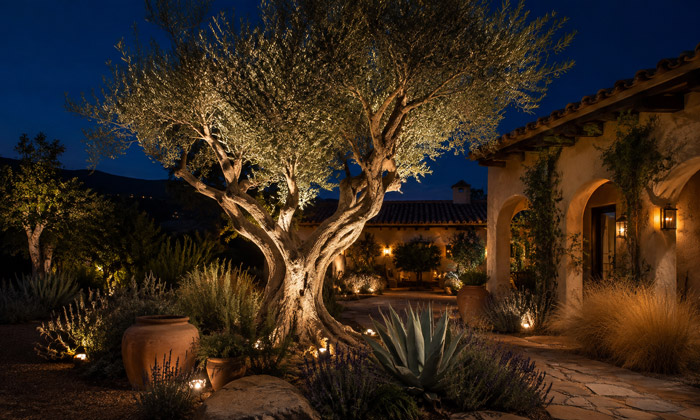 Turn Olive Trees and Sculptural Plants Into Nighttime Focal Points