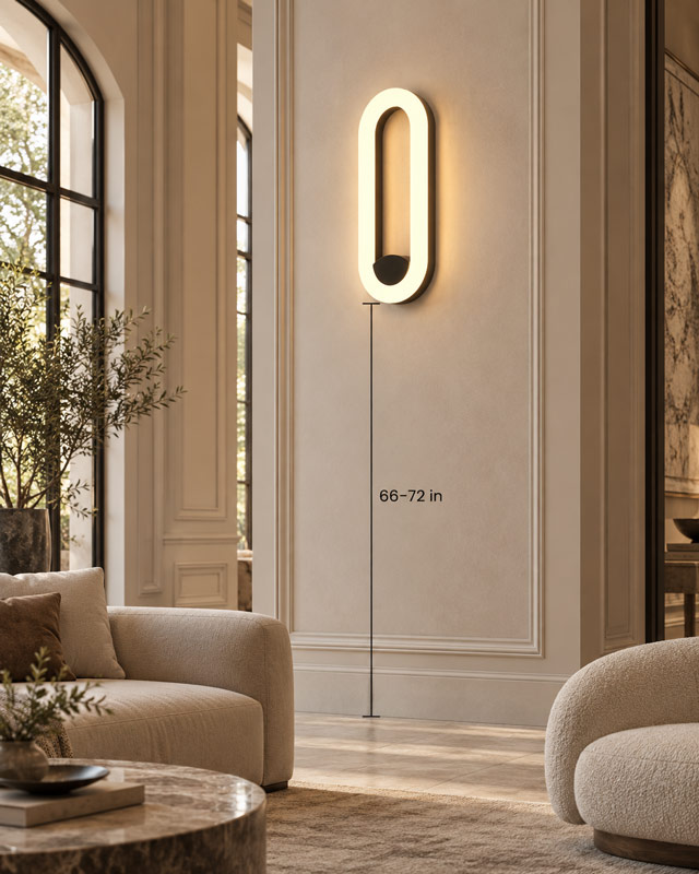 Wall sconces mounted high on a vaulted living room wall above low seating