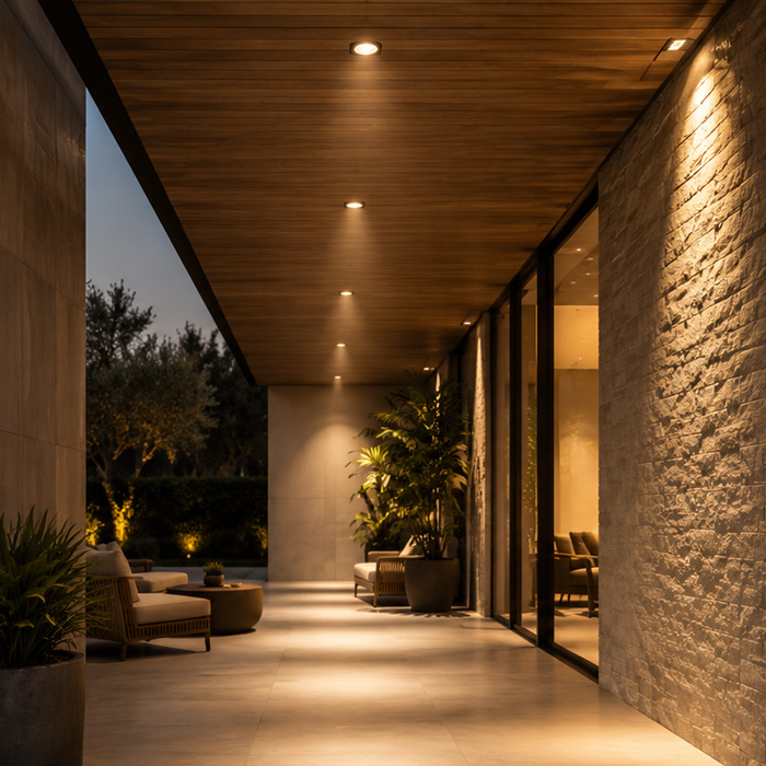 Outdoor uplighting design highlighting trees and architecture