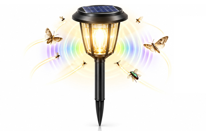 glowing solar garden lamp with flying insects