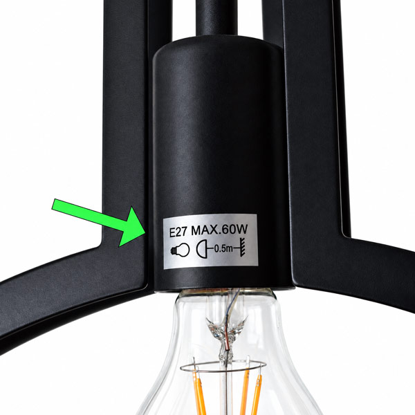Close-up of a light fixture label showing the E27 socket type and maximum 60W bulb rating