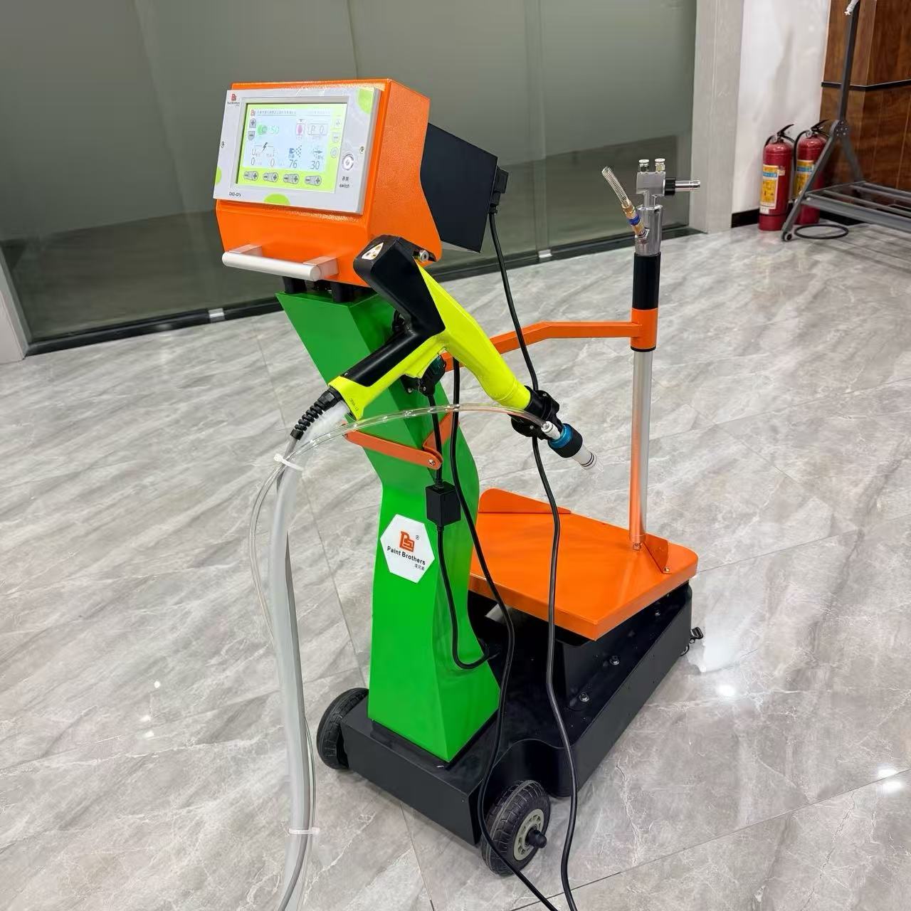 Paint Brothers Q7 handheld electrostatic powder coating machine complete unit with QXD-Q7y capacitive touchscreen control panel and mobile cart