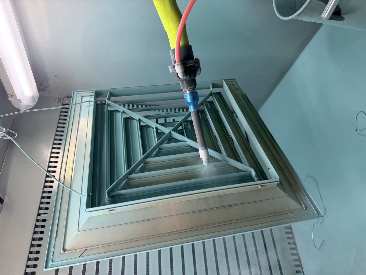 QXD Q7 electrostatic powder coating machine coating HVAC air diffuser with complex recessed geometry