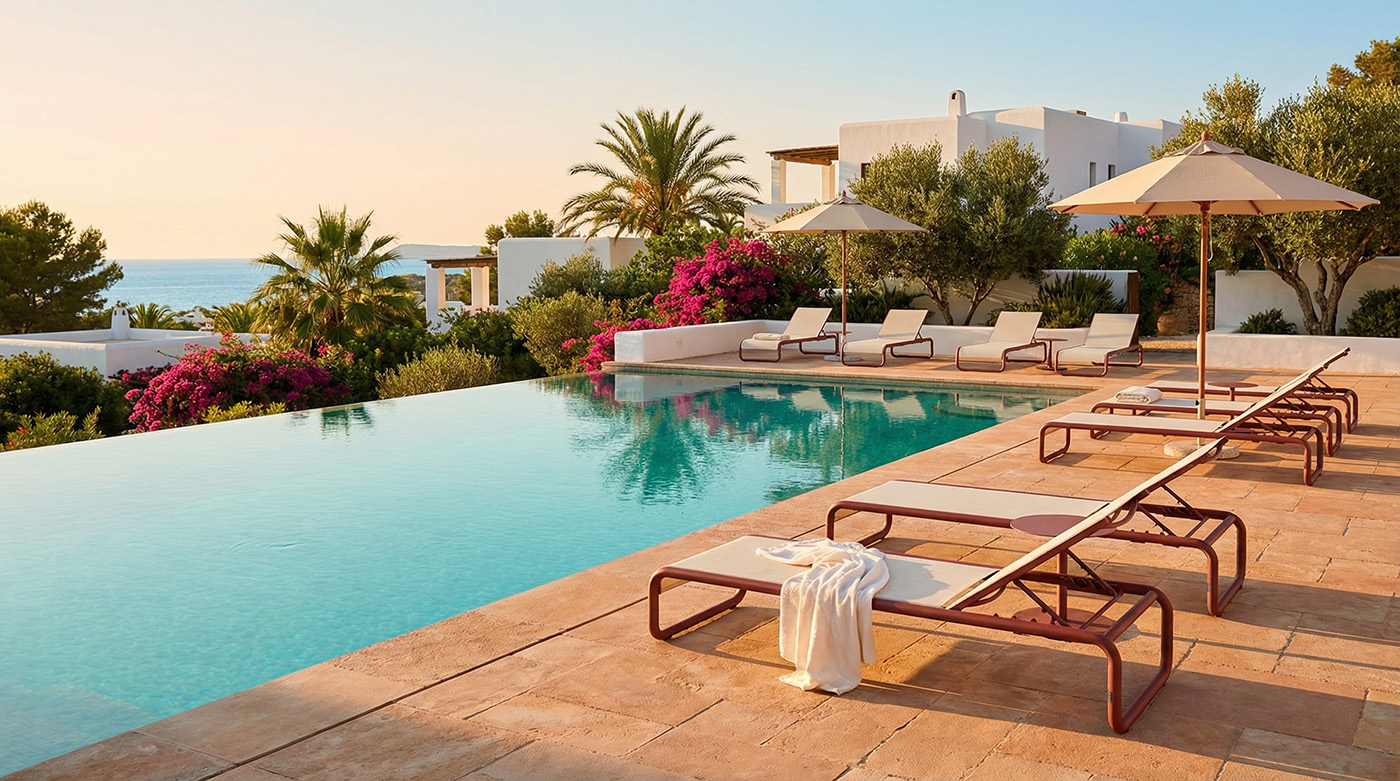 luxury poolside sun loungers at hotel resort