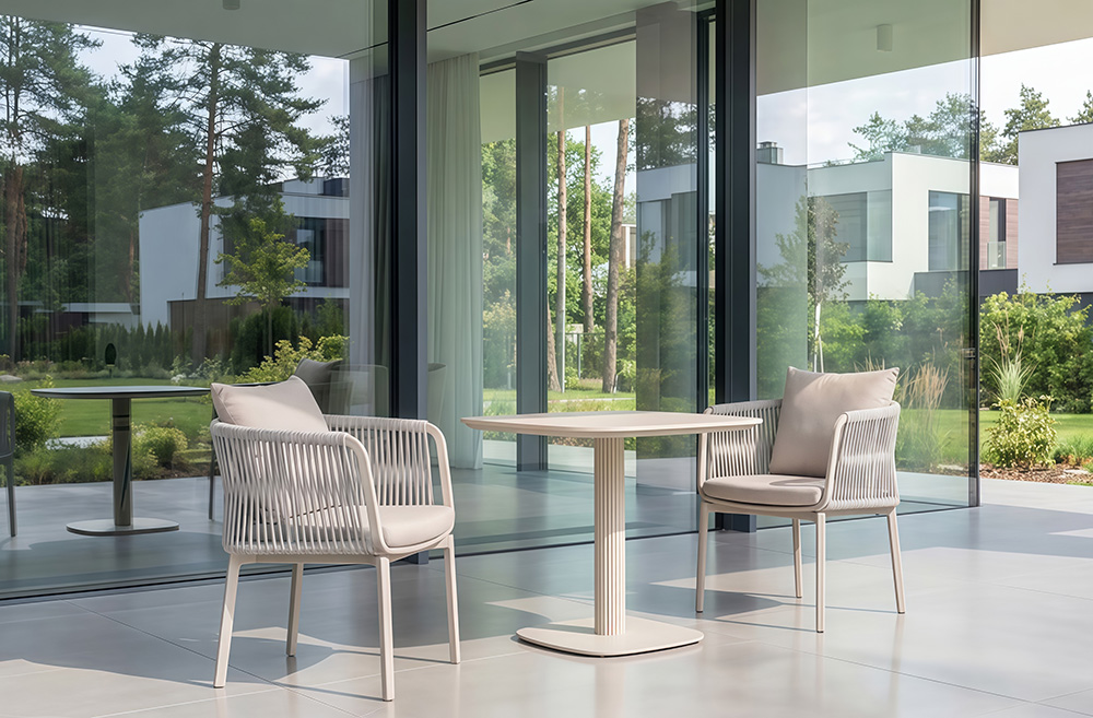 outdoor dining set with woven rope chairs