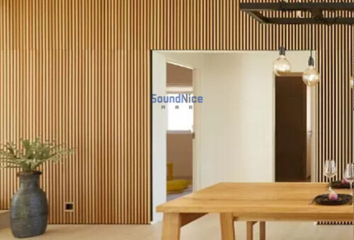 Installation of Slat wooden acoustic panels on walls and ceilings