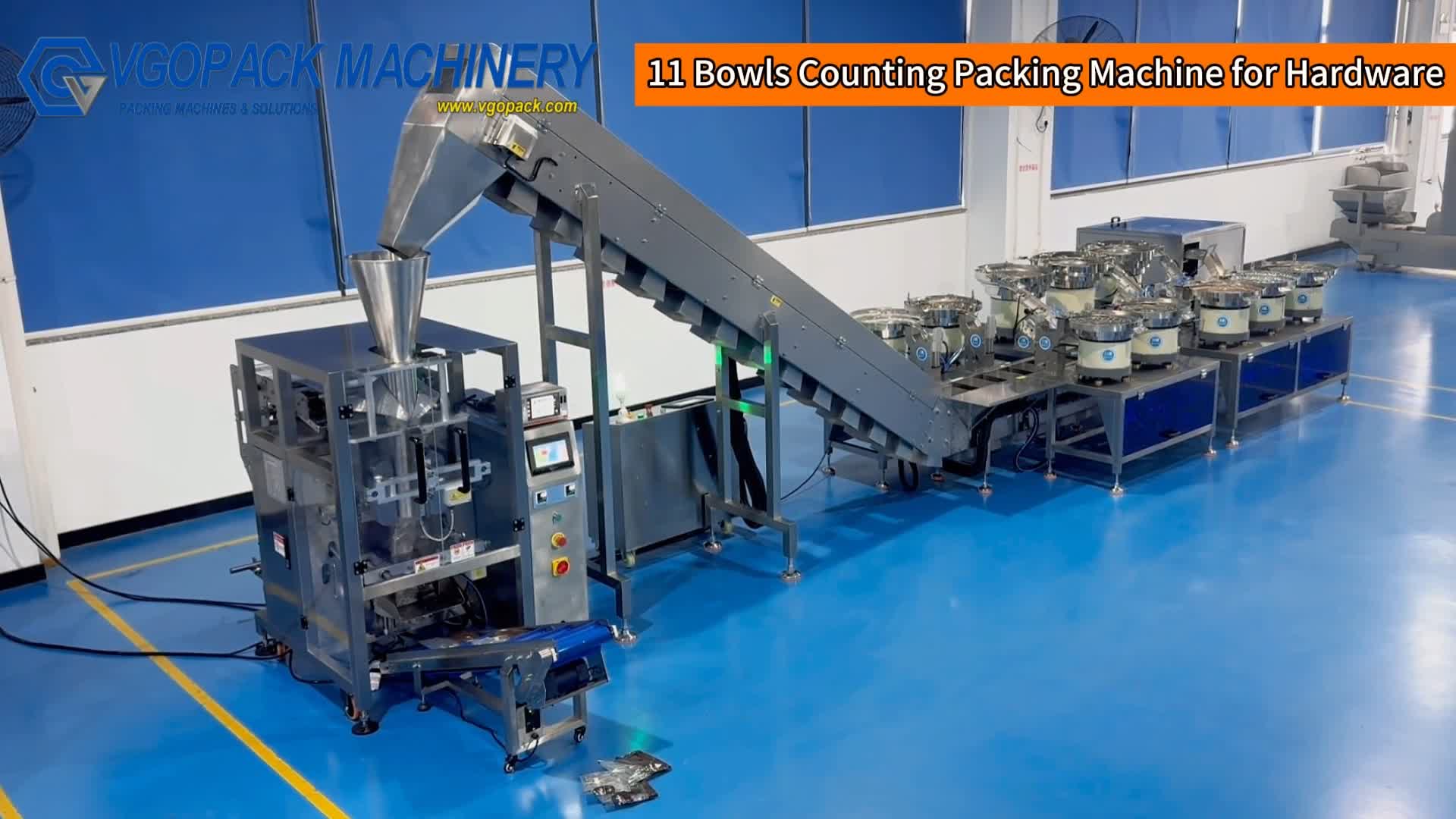 Hardware Parts | Pillow Bag | 11 Bowls Counting Packing Machine with Collar Former and Inclined Bucket Conveyor