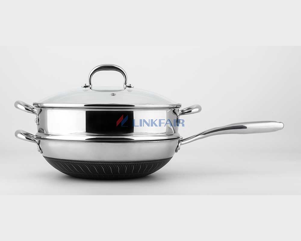 Wok en nid d'abeille triple épaisseur 32 cm / 12 po avec insert pour cuiseur vapeur