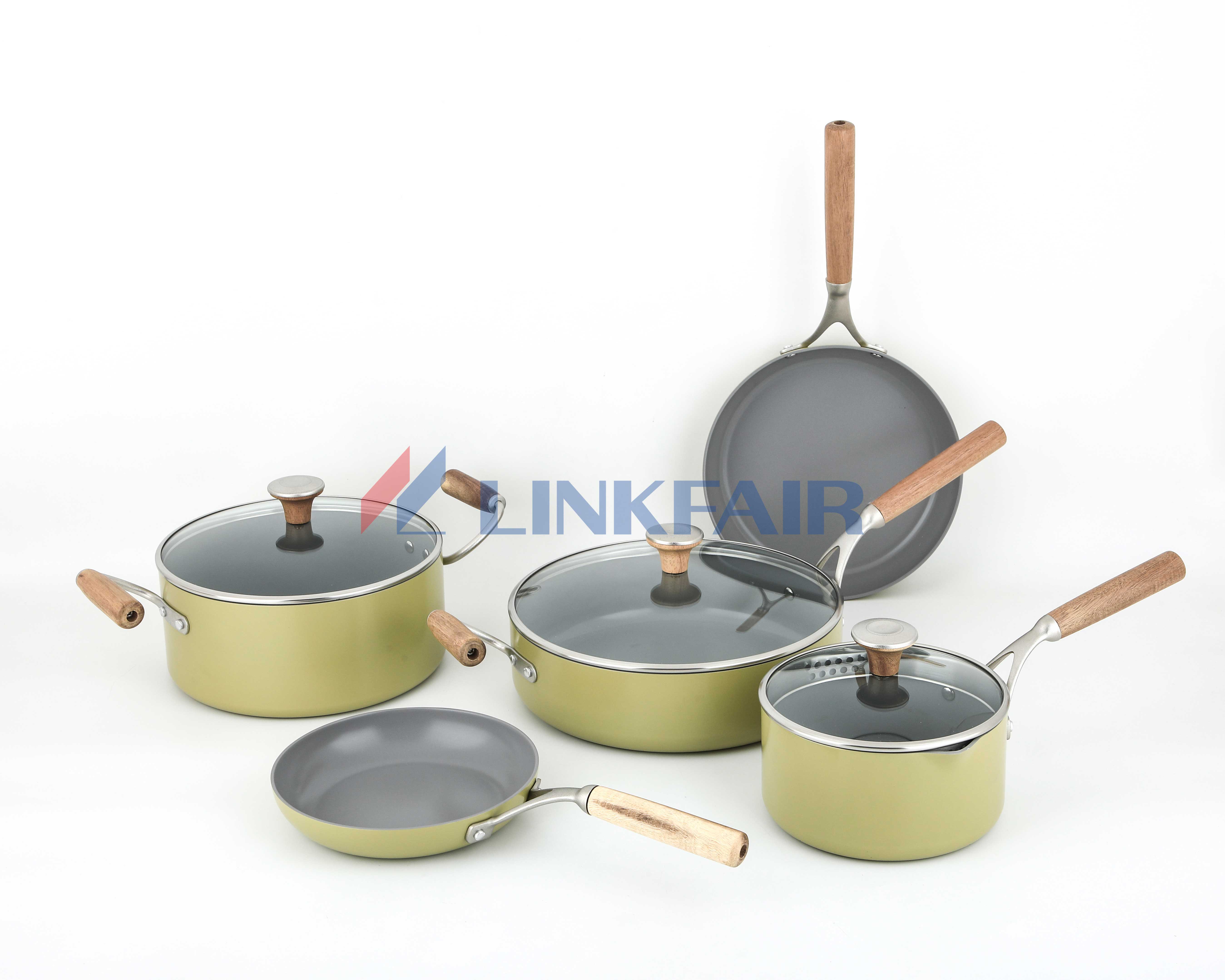 Non-Stick Cookware Set with Cast Wood Handle