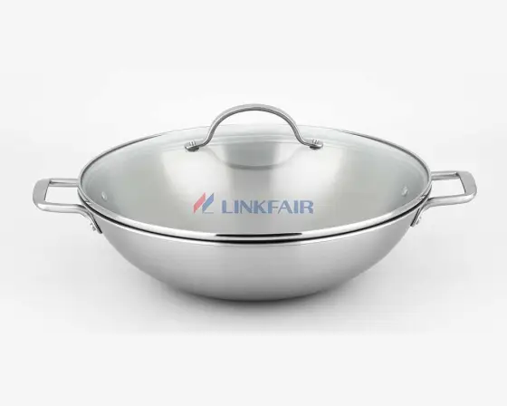 Tri-ply Stainless Steel Wok, 14"Wok with Glass Lid