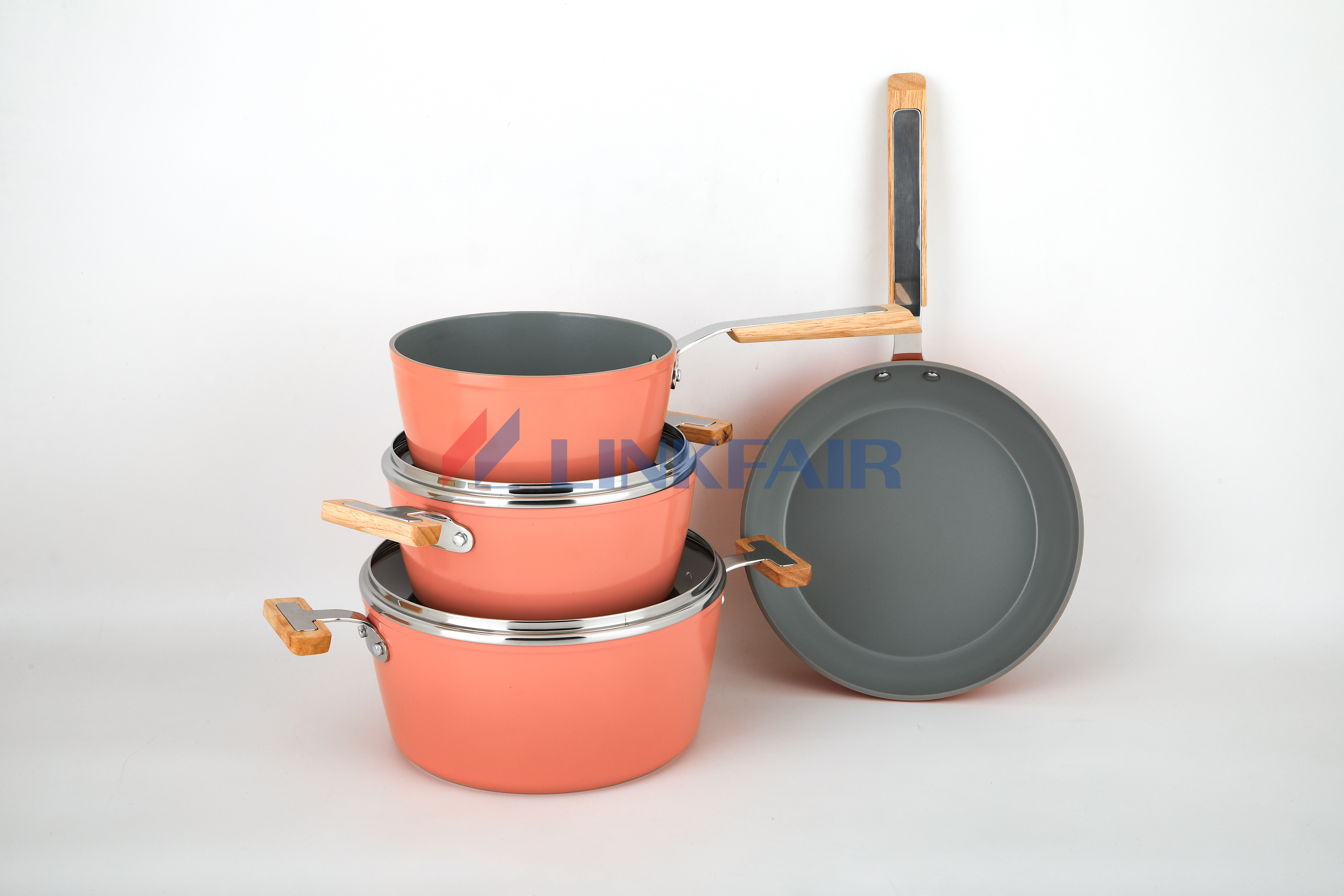 classic aluminum non-stick coating cookware set with wooden handles