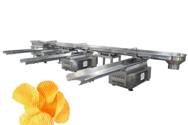 Sistema transportador de chips multisalida personalizado para línea de envasado